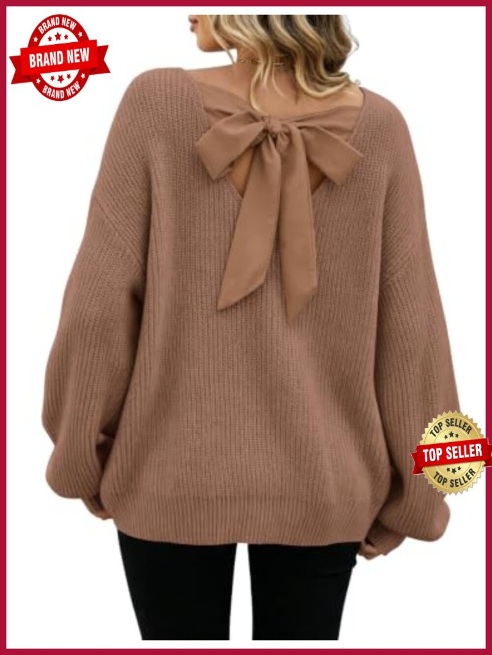 Women's Bow Backless Chunky Knit Sweater Crewneck Pullover